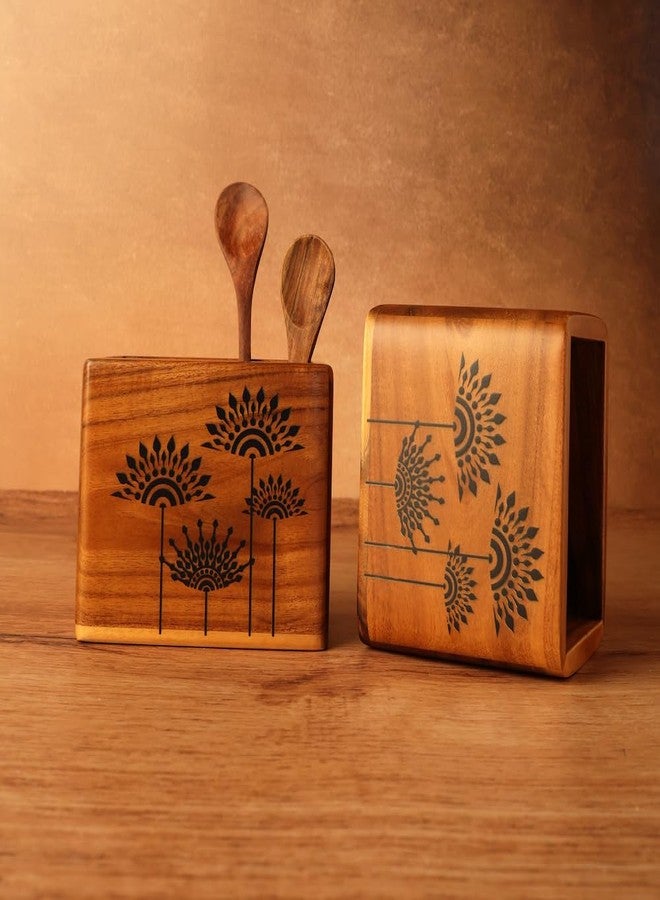 bambaiSe Teak Wood Mandala Art, Floral Design Spoon Holder, Cutlery Holder, Rectangle Shape, Natural Brown, Clear Matte Finish - Image 1